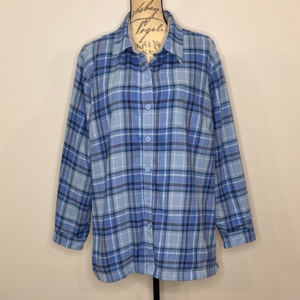 LL Bean cotton plaid fleece lined shacket shirt jacket 285015 blue gray 1X